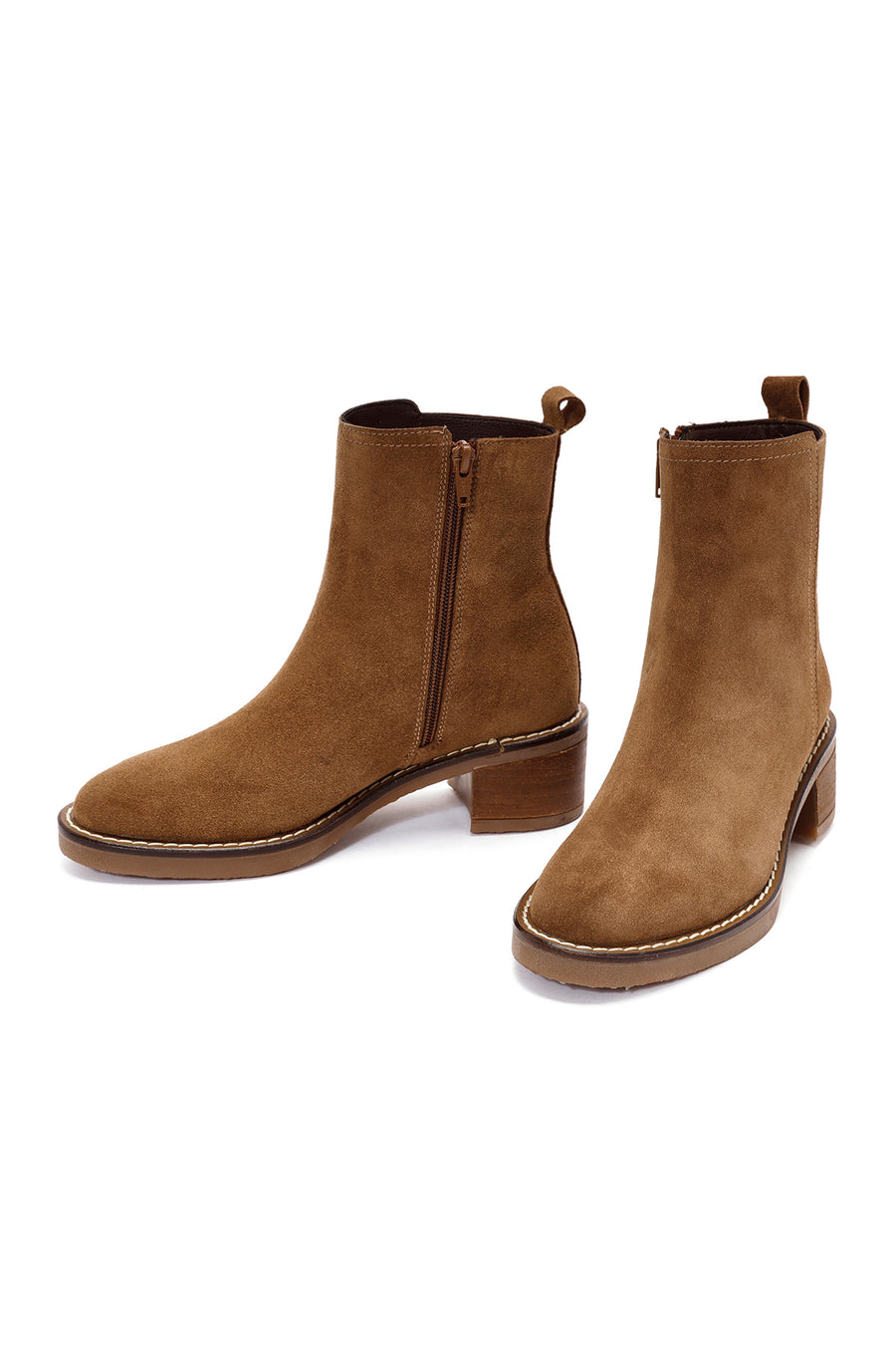 Woman Brown Zippered Chunky Heel Suede Leather Boat