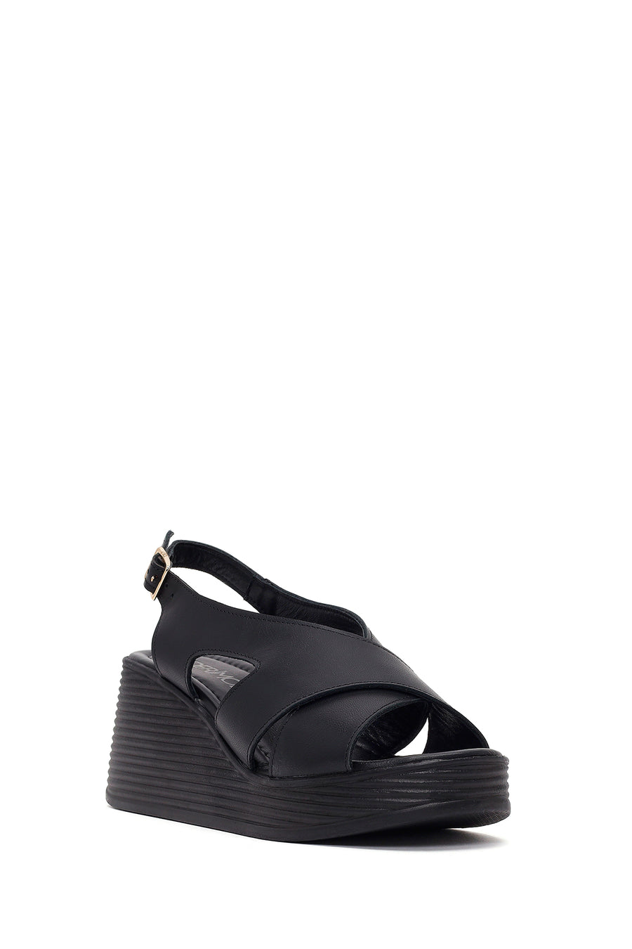 Women's Black Ankle Buckle Platform Leather Sandals