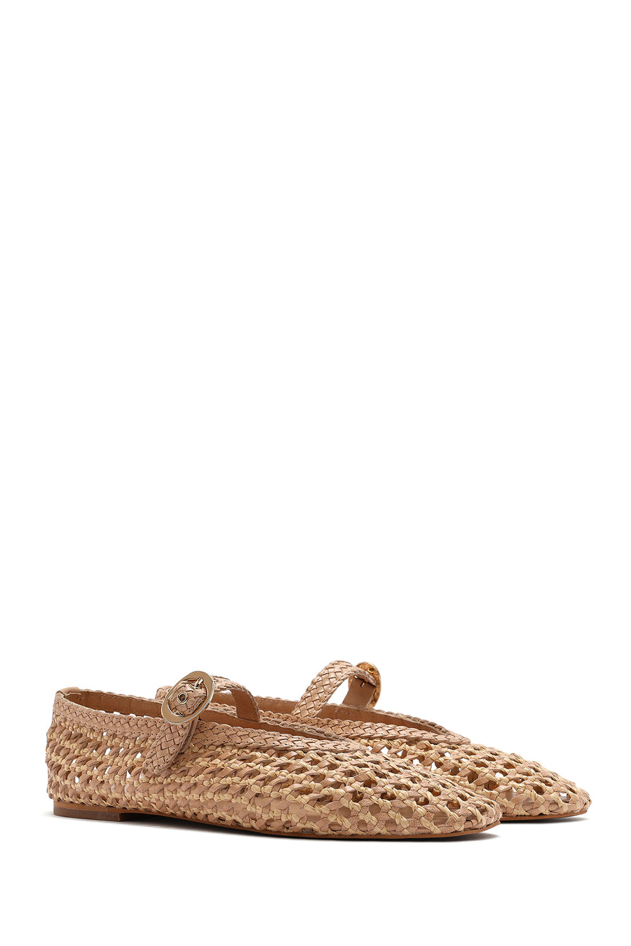 Women's Beige Buckled Straw Leather Ballerinas
