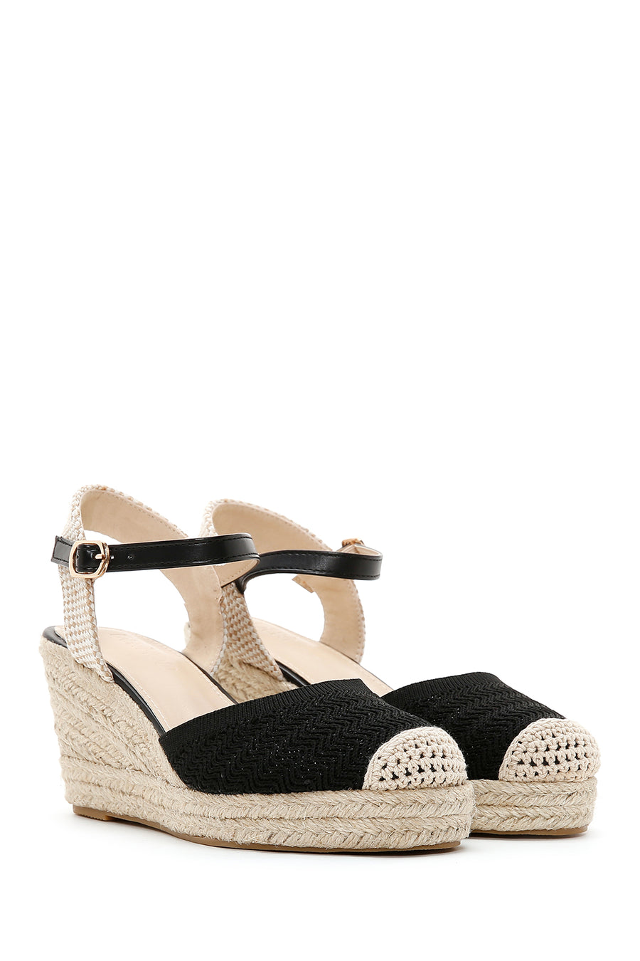 Women's Black Ankle Strap Wedge Heeled Espadrille