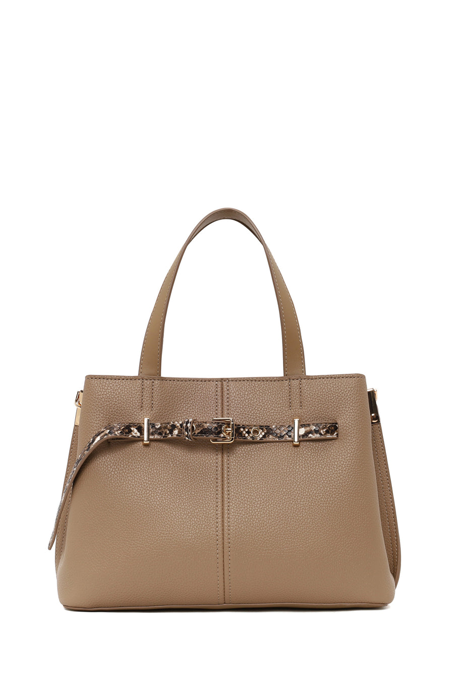 Woman Dark Beige Long-Strap Patterned Shoulder Bag