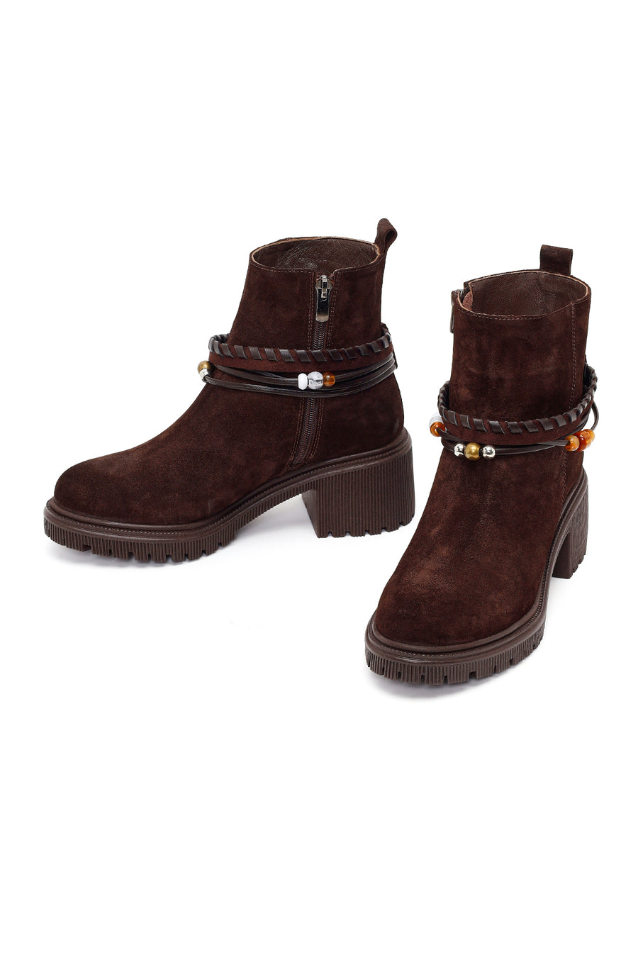 Woman Brown Zip Closure Chunky-Heeled Suede Leather Boots