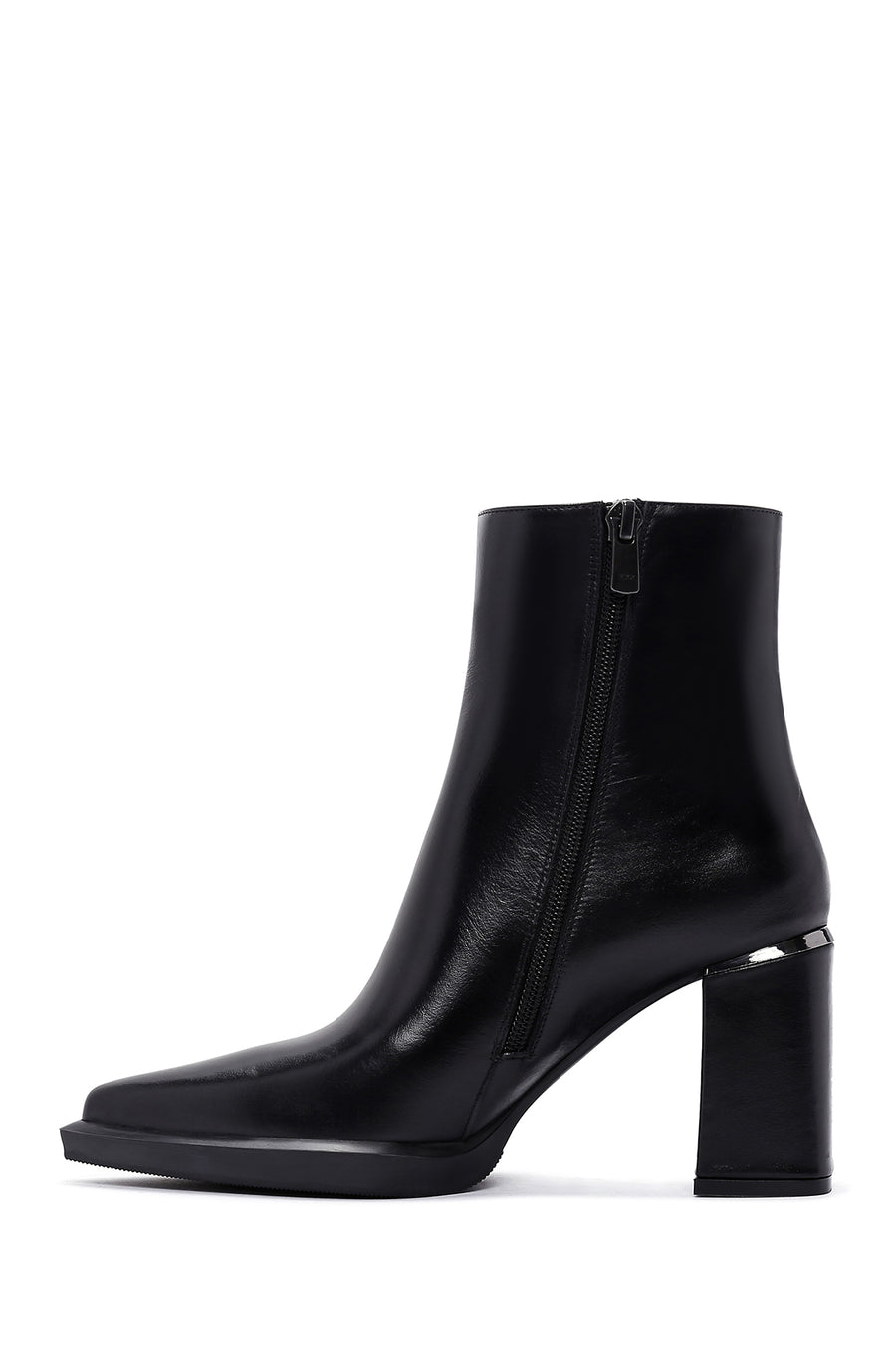 Women's Black Zippered Thick Heeled Leather Boots