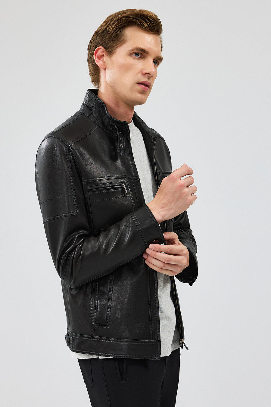 Wade Men's Black Slim-Fit Leather Coat