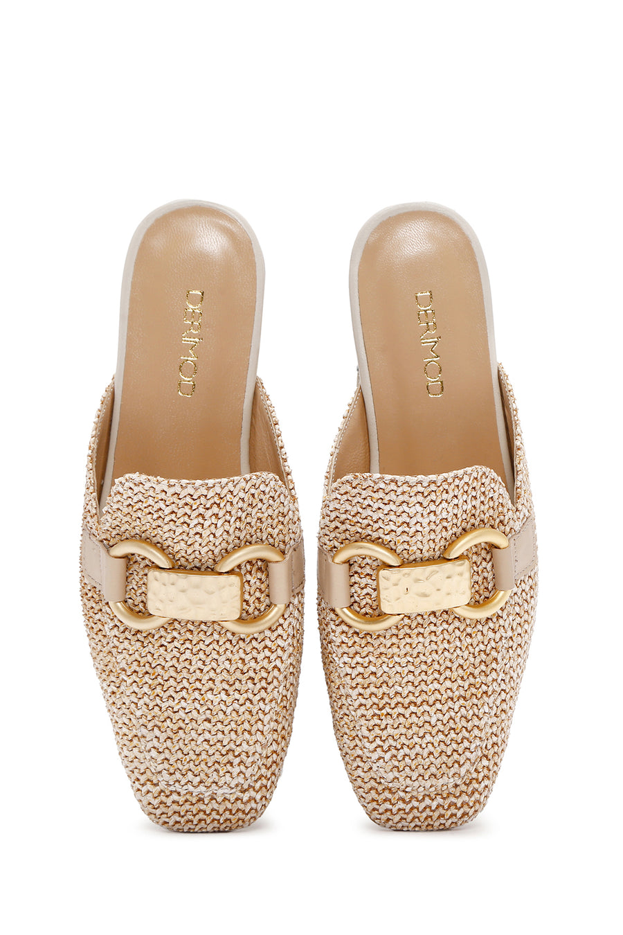 Women's Beige Buckle Detailed Straw Leather Slippers