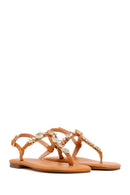 Woman Tan Ankle-Buckle Toe-Post Embellished Sandal | Derimod