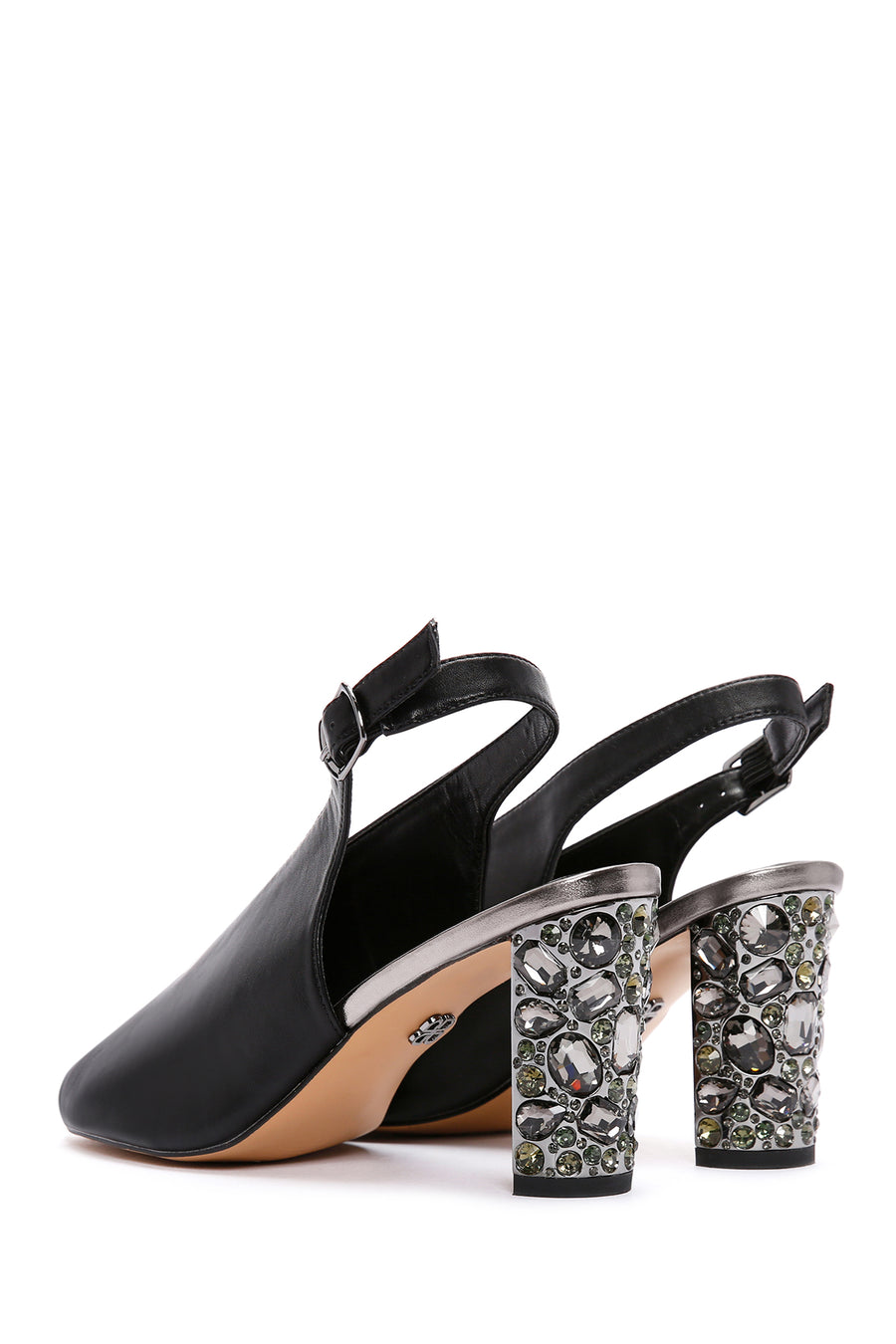 Women's Black Back Strap Stoned Thick Heel Sandals
