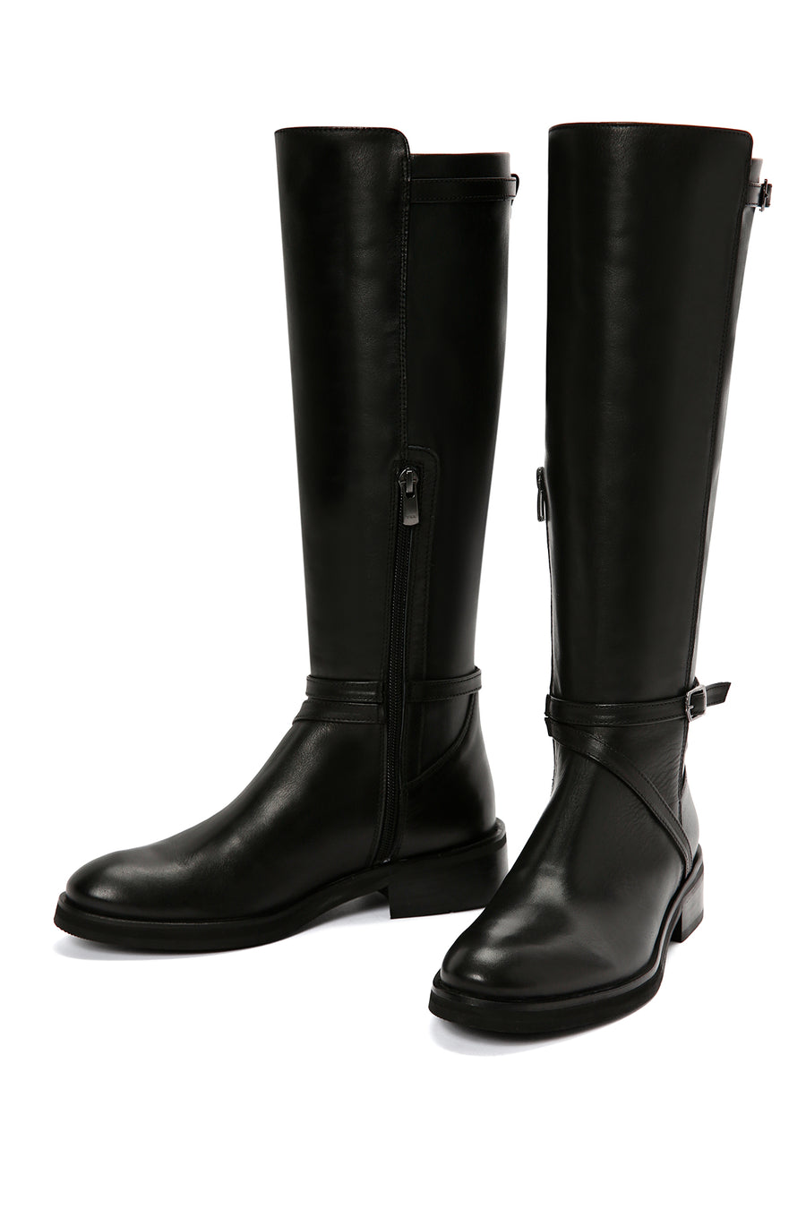 Women's Black Buckle Zippered Leather Boots