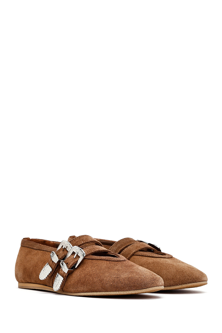 Women's Tan Double Buckled Suede Leather Ballerinas