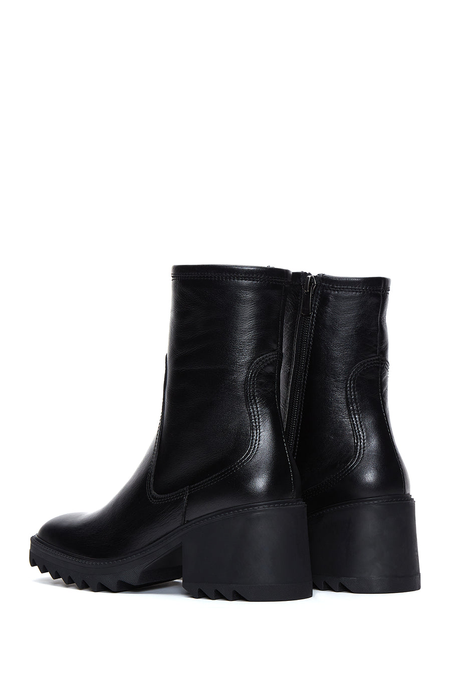 Women's Black Zippered Thick Heeled Leather Boots