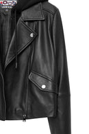 Smart Women's Black Hooded Biker Leather Jacket | Derimod