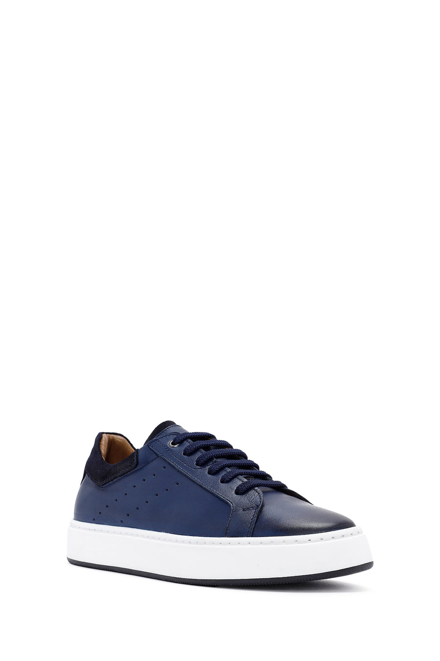 Erkek Lacivert Bağcıklı Deri Sneaker