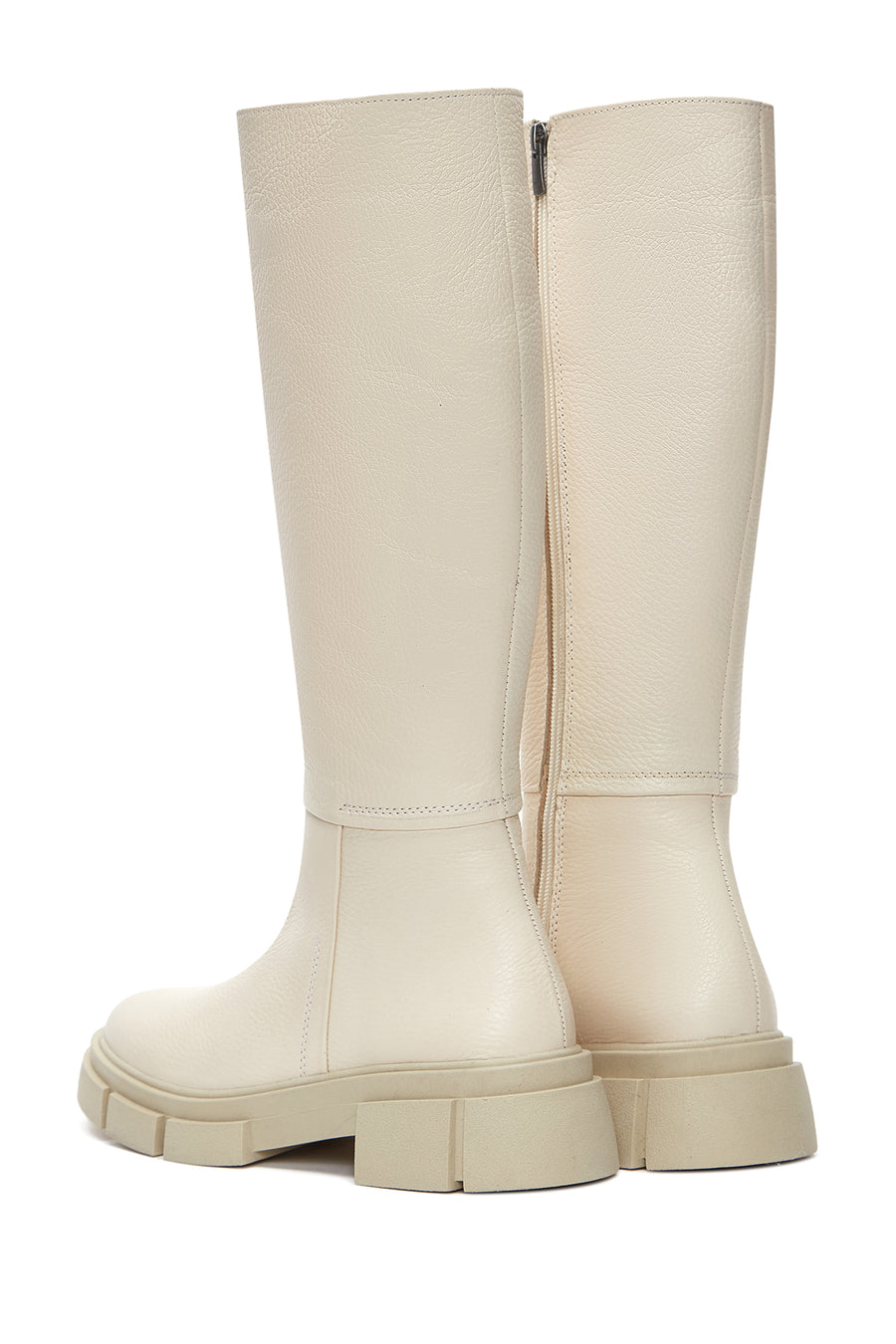 Women's Beige Leather Zippered Thick Soled Boots