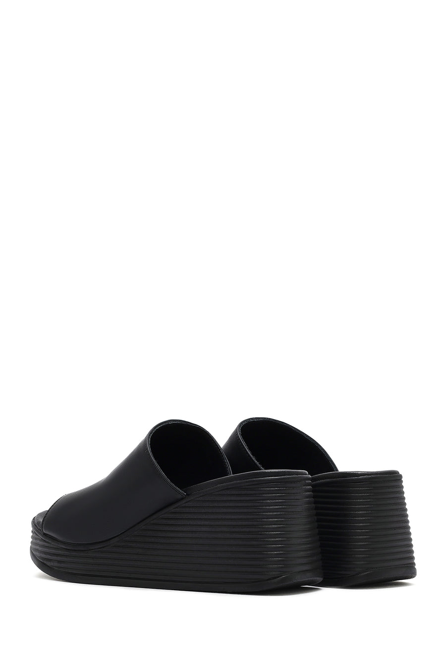 Women's Black Wedge Heeled Leather Slippers