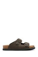 Men's Khaki Buckled Nubuck Leather Slippers | Derimod