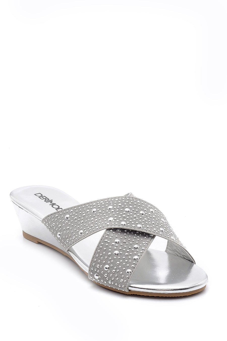Women's Gray Stone Wedge Heel Open-Back Slippers