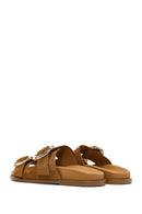 Women's Tan Double Buckle Suede Leather Slippers | Derimod