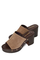 Women's Beige Thick Heeled Suede Leather Slippers | Derimod