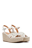 Women's White Ankle Buckle Wedge Heel Woven Sandals | Derimod
