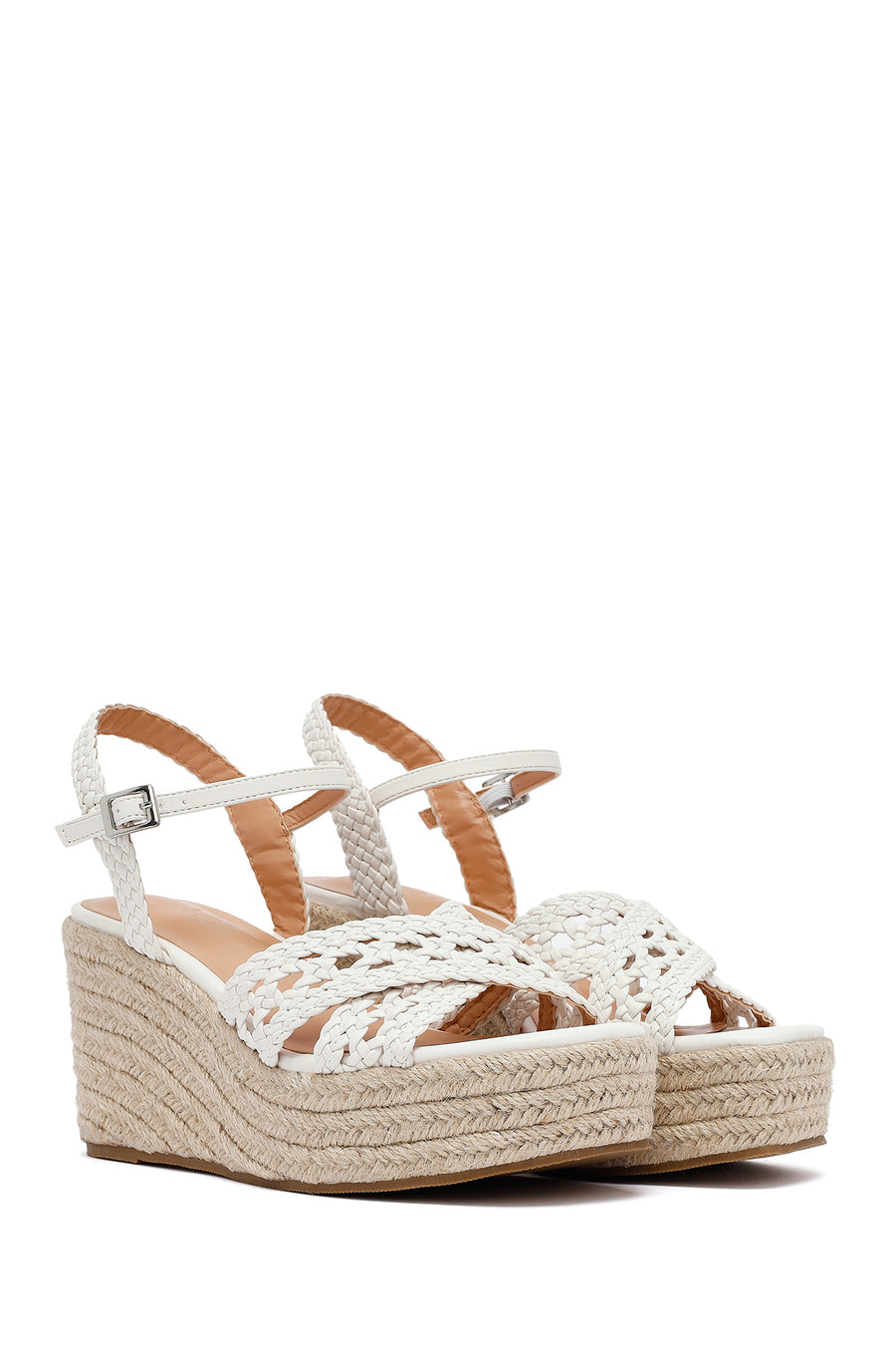 Women's White Ankle Buckle Wedge Heel Woven Sandals