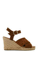 Woman Tan Ankle Buckled Wedge Heel Suede Espadrilles Sandal | Derimod