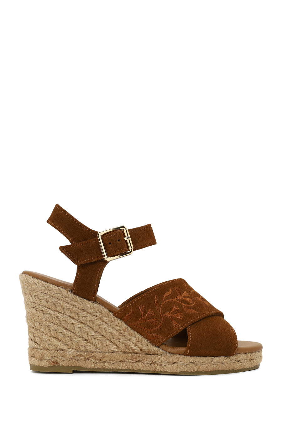 Woman Tan Ankle Buckled Wedge Heel Suede Espadrilles Sandal 26SFD206810 | Derimod