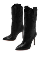 Woman Black Patterned Thin-Heeled Leather Boots | Derimod