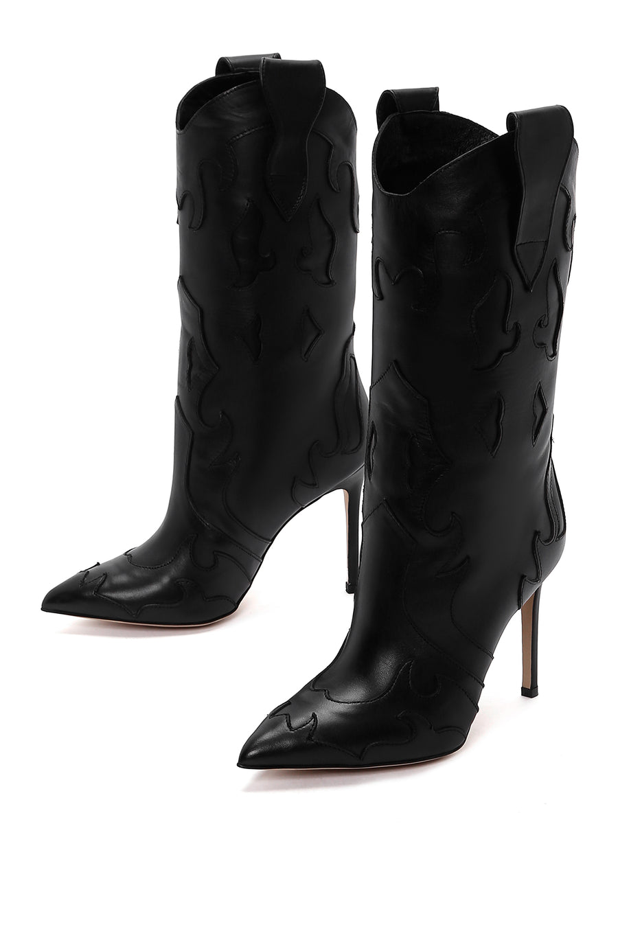 Woman Black Patterned Thin-Heeled Leather Boots