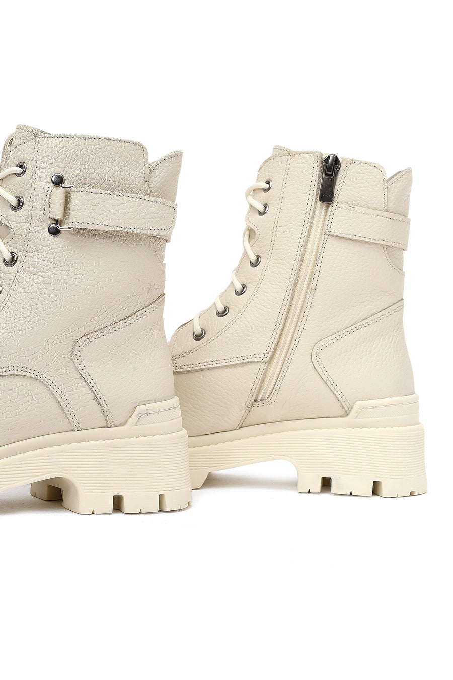 Woman Beige Lace-Up Zippered Thick Sole Leather Postal Boots