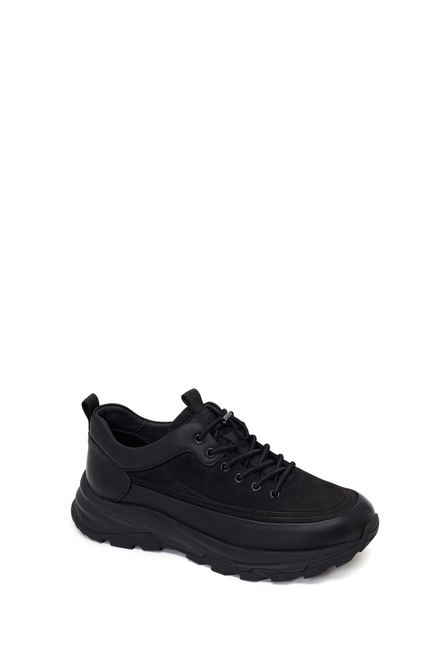 Erkek Siyah Bağcıklı Kalın Tabanlı Deri Casual Sneaker