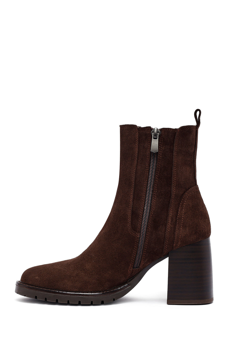 Woman Brown Chunky Heel Suede Leather Boat