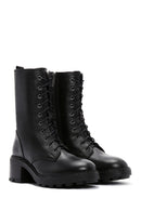 Women's Black Leather Zippered Heeled Boots | Derimod