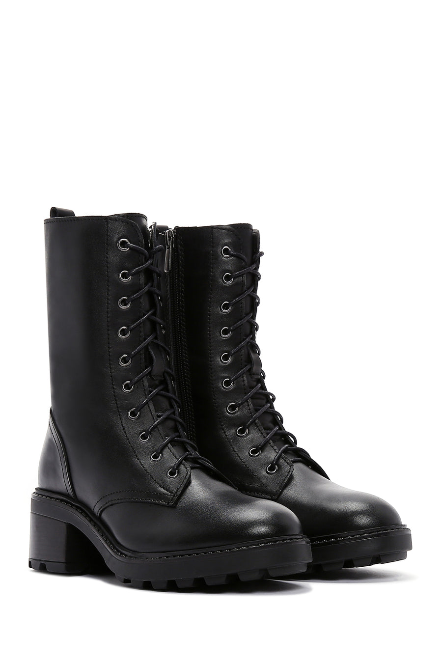 Women's Black Leather Zippered Heeled Boots