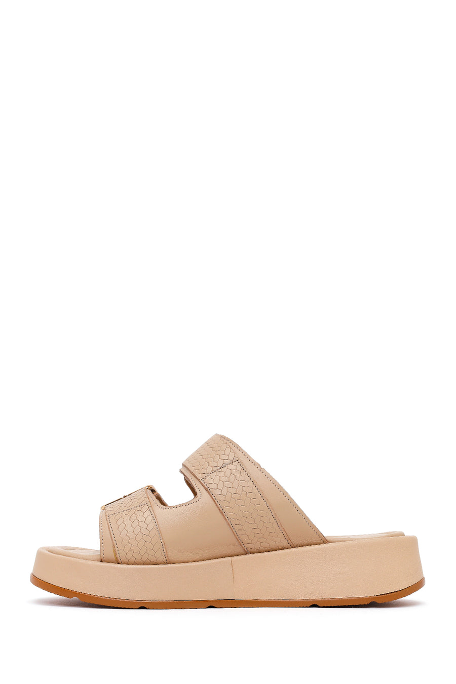 Woman Beige Double-Buckle Thick-Soled Leather Comfort Slippers