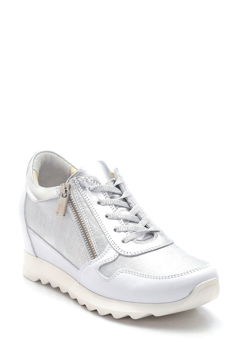 Women's Silver Leather Wedge Heel Sneaker
