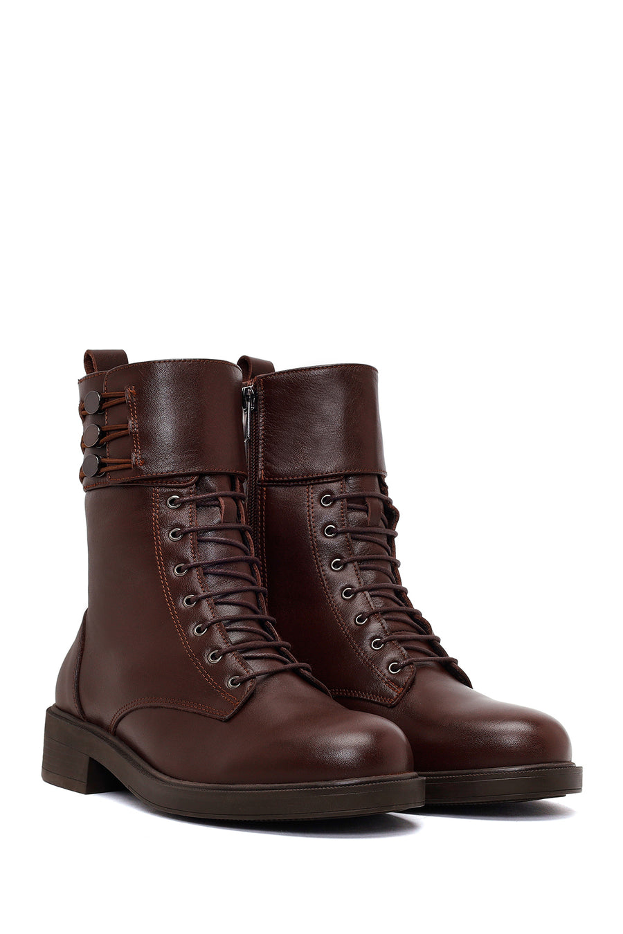 Woman Brown Zip Closure Thick-Soled Leather Combat Boots