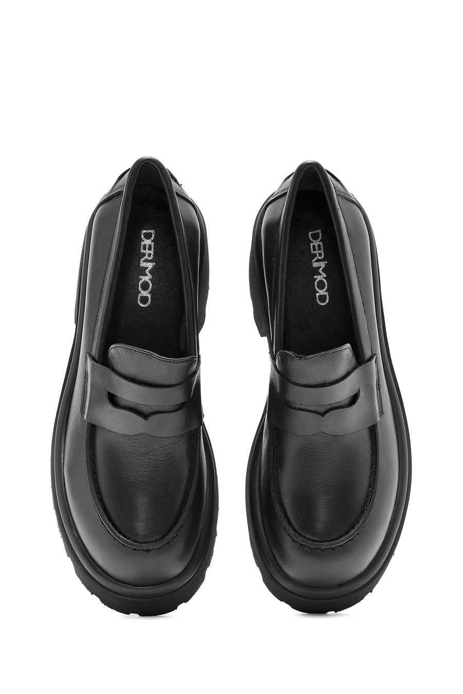 Women's Black Thick Heeled Leather Masculine Loafer