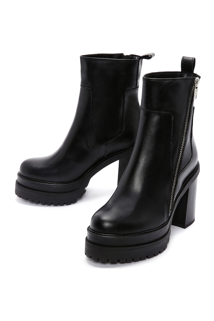 Women's Black Zipper Heeled Leather Boots