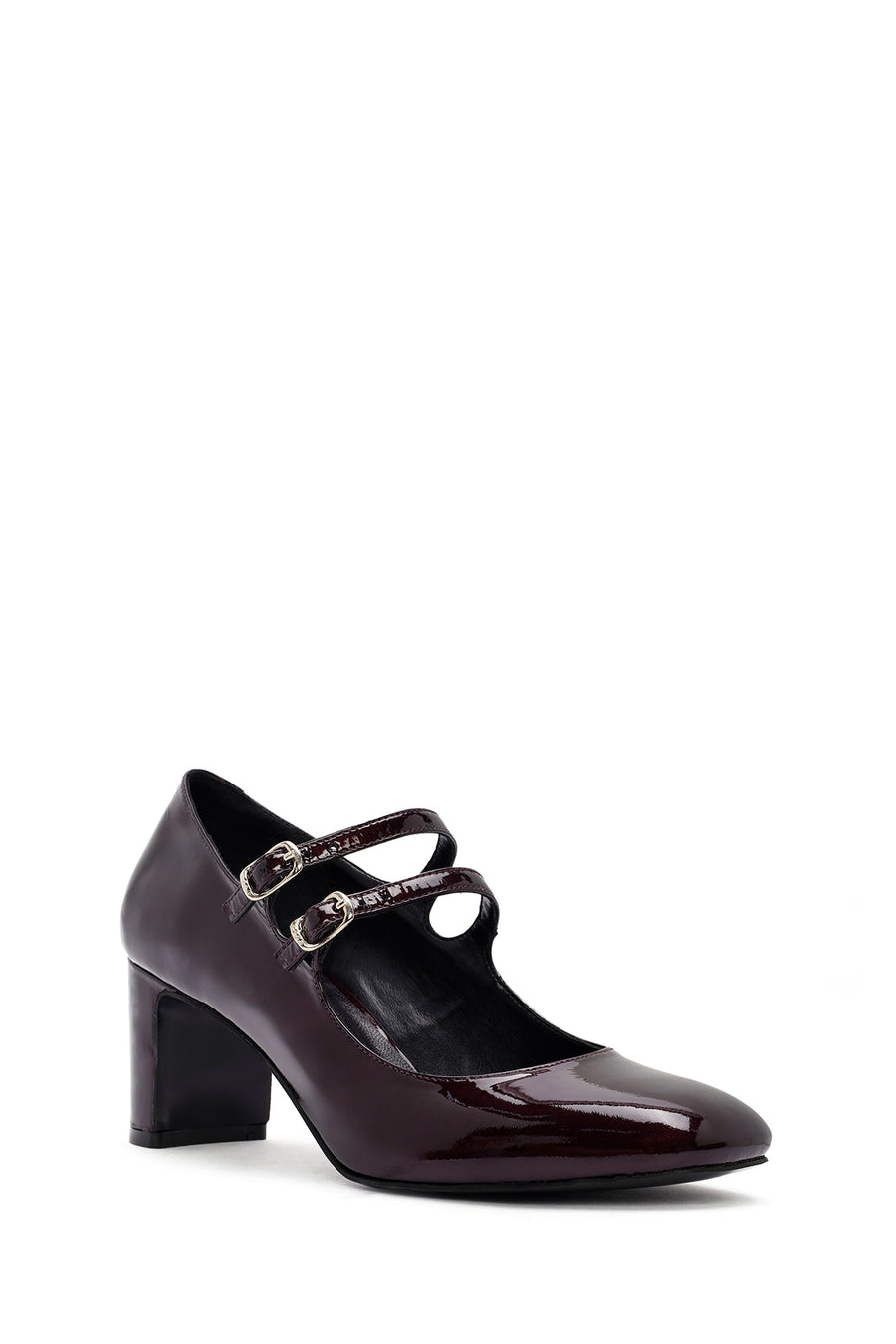 Women's Burgundy Double Buckled Thick Heeled Patent Leather Mary Jane Shoes
