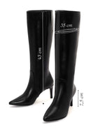 Women's Black Zippered Thin Heeled Leather Boots | Derimod
