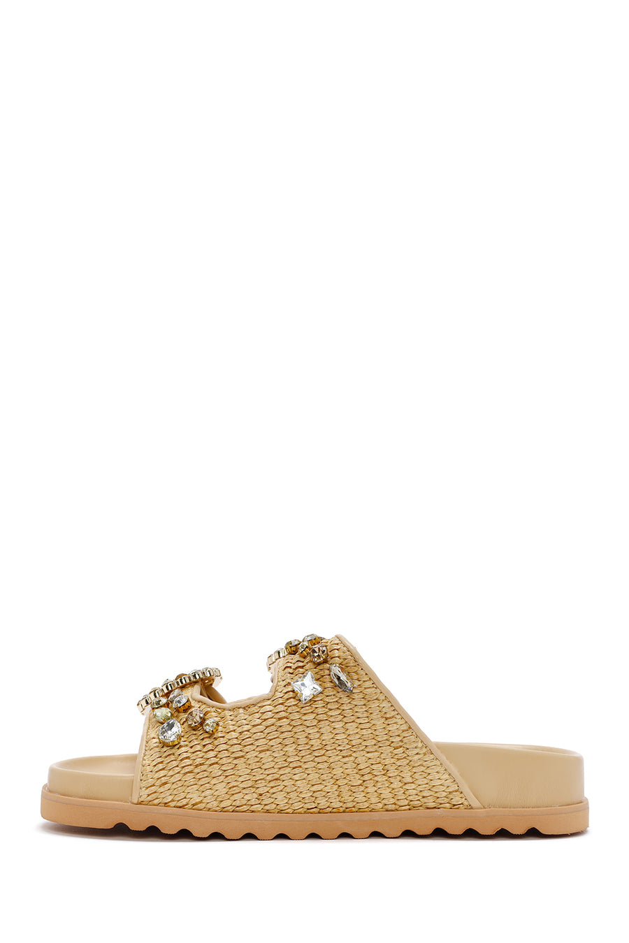 Women's Beige Straw Stone Slippers