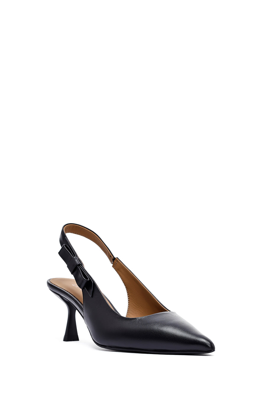 Women's Black Open Back Thin Heeled Leather Shoes