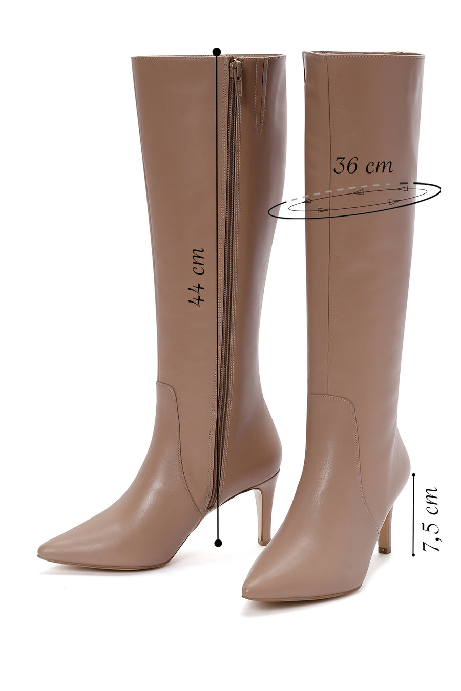Women's Camel Zippered Thin Heeled Leather Boots