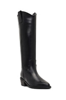 Women's Black Low-Heeled Leather Cowboy Boots | Derimod