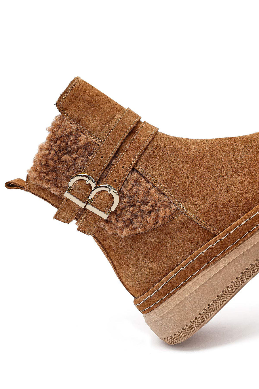 Woman Tan Zippered Suede Leather Teddy Bot