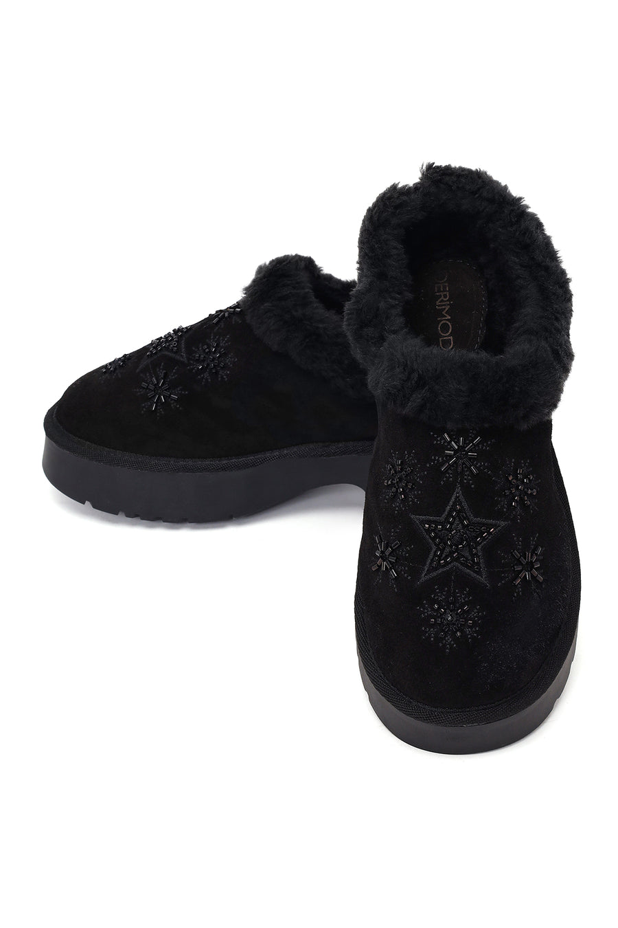 Woman Black Thick-soled Embellished Suede Leather Teddy Slipper