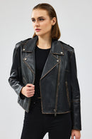 Oxford Women's Black Biker Leather Jacket | Derimod
