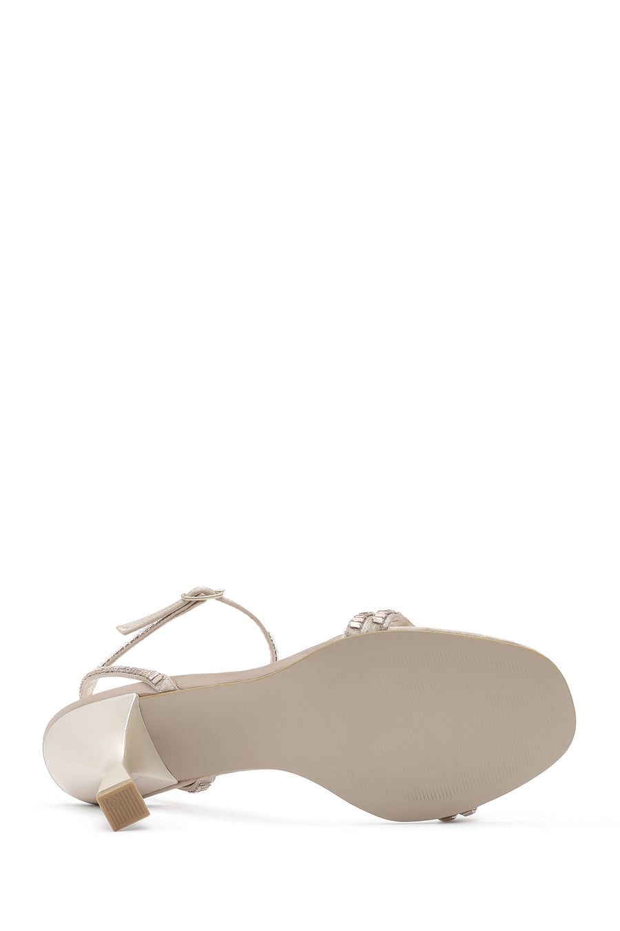 Women's Beige Ankle Buckle Stoned Thin Heel Sandals