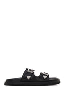 Woman Black Double-Buckle Leather Slipper | Derimod