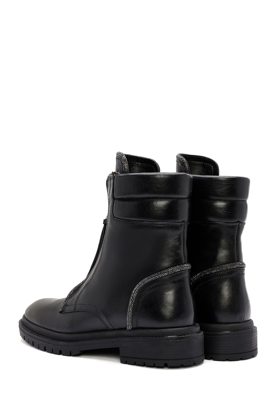 Women's Black Zippered Stoned Leather Combat Boots